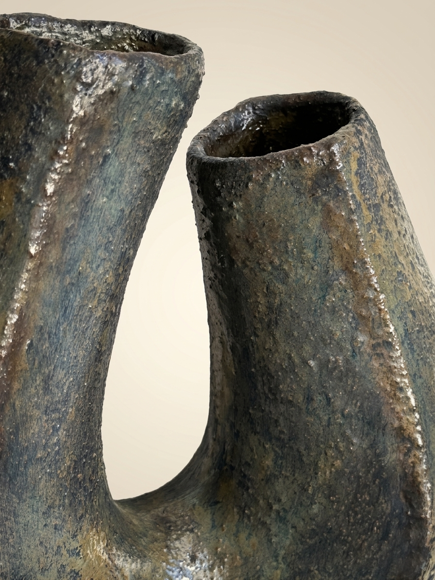 Plano medio que captura la textura rugosa y los reflejos bronce del esmalte reactivo en la superficie de la escultura.