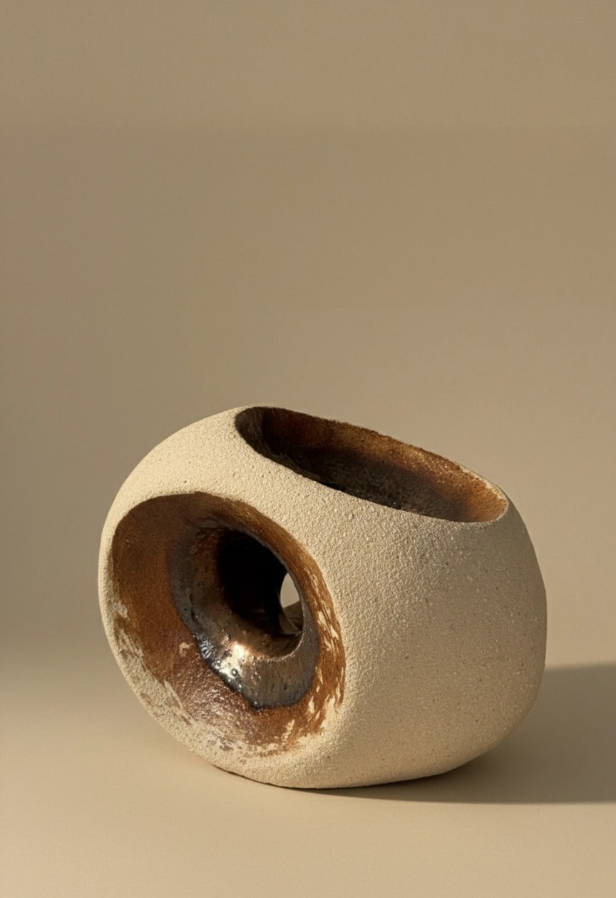 Toma superior picada de la obra "HALO", resaltando la profundidad de la cavidad interna y el contraste dramático de texturas entre el gres mate y el núcleo de bronce brillante.