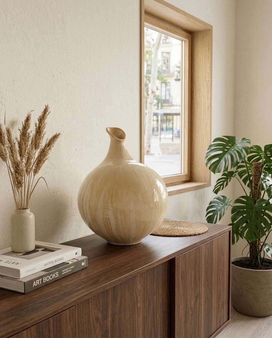 Escultura de cerámica Sfera de Cecilia Behrend para Sezme Decor, colocada sobre un aparador de madera oscura en un salón de diseño minimalista junto a una planta Monstera y libros de arte.