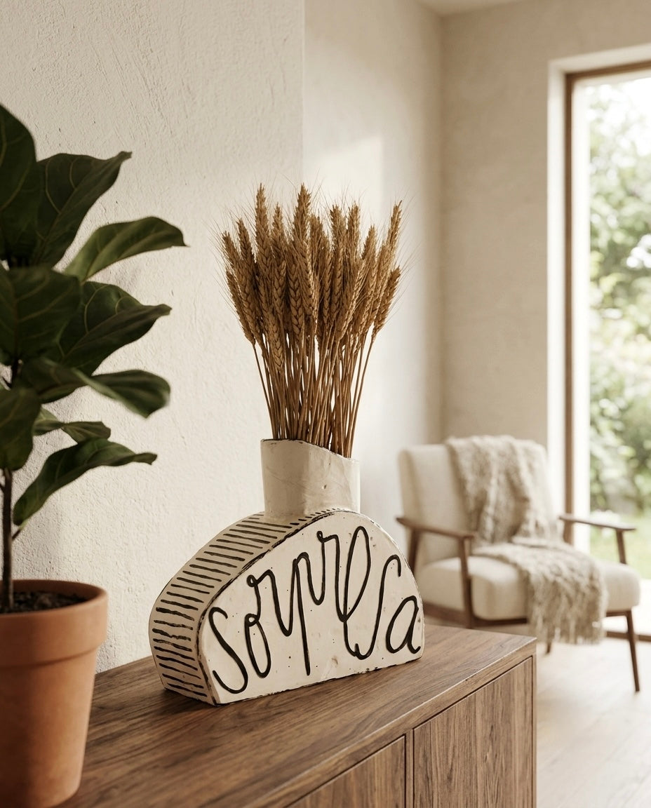 Jarrón de cerámica artesanal "Sorpresa" de Magdalena Arnaud con espigas de trigo secas, colocado sobre un aparador de madera noble en un salón de diseño minimalista de Sezme Decor.