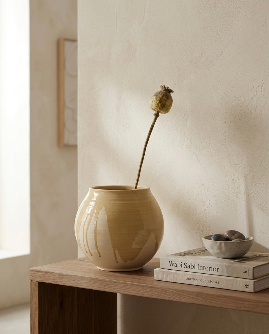 Jarrón esférico de cerámica artesanal de la serie Calima Fuentón en tono ocre arena, sosteniendo una cápsula de amapola seca, sobre un mueble de madera junto a libros de diseño de interiores.