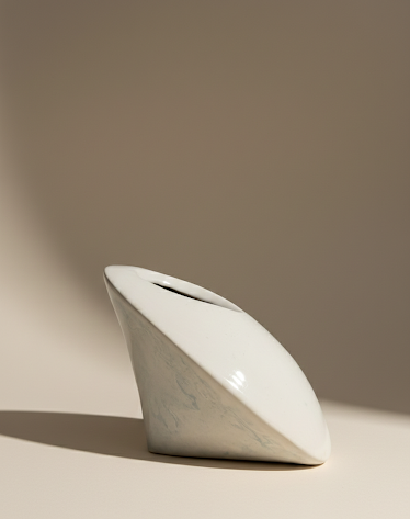 Plano de perfil mate del jarrón, resaltando la pureza de la forma escultórica minimalista y la limpieza de sus líneas bajo luz de estudio.
