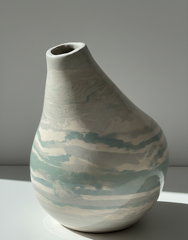 Jarrón escultórico Nerikomi "DUNA" de Fernanda Salomé, con patrón de franjas horizontales verde agua y gris sobre base crema, forma bulbosa y cuello inclinado.