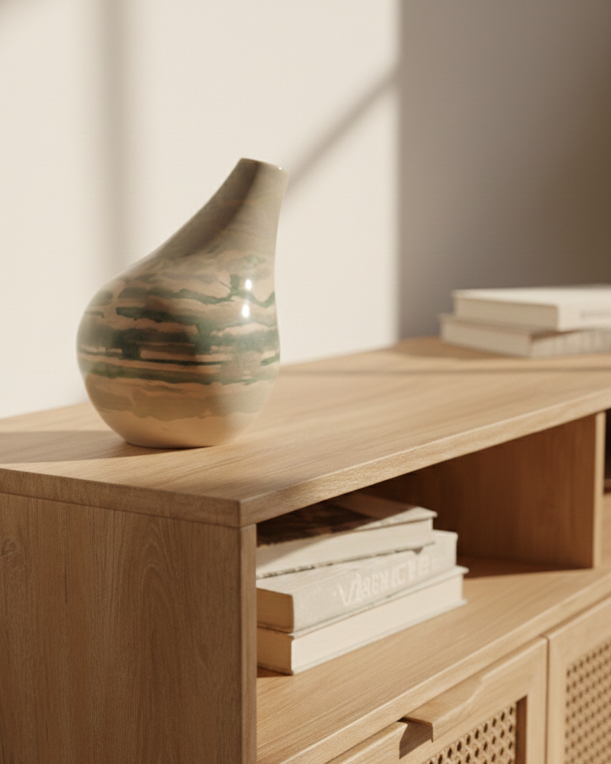 El jarrón "DUNA" de Fernanda Salomé colocado sobre un estante de madera de roble claro, en un ambiente minimalista y natural. Al fondo se aprecian libros y luz natural sutil.