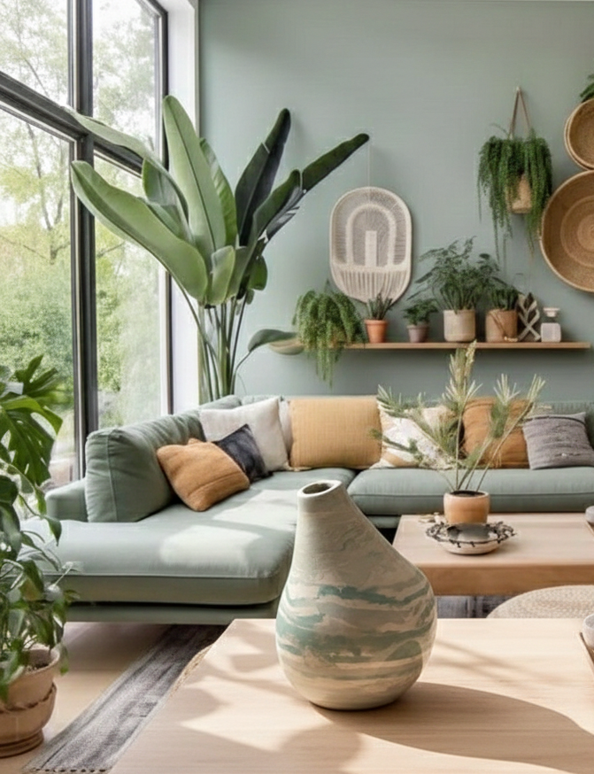 Primer plano detallado del jarrón "DUNA" en un salón de estilo bohemio chic, con un sofá verde salvia y plantas exuberantes al fondo, resaltando su impacto decorativo y artesanal.