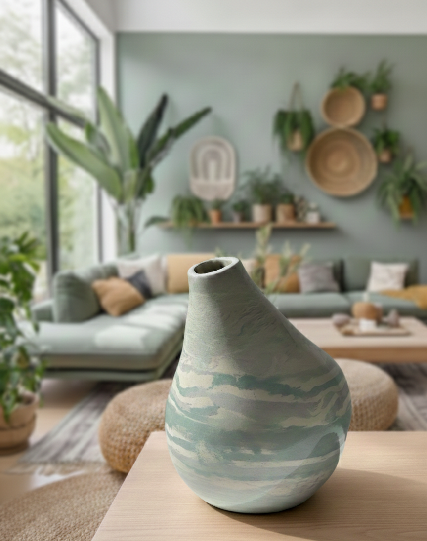 Vista general de un salón bohemio chic con el jarrón "DUNA" en el centro sobre una mesa de madera, demostrando cómo su diseño orgánico y textura pétrea se integran con la naturaleza del interiorismo de lujo.