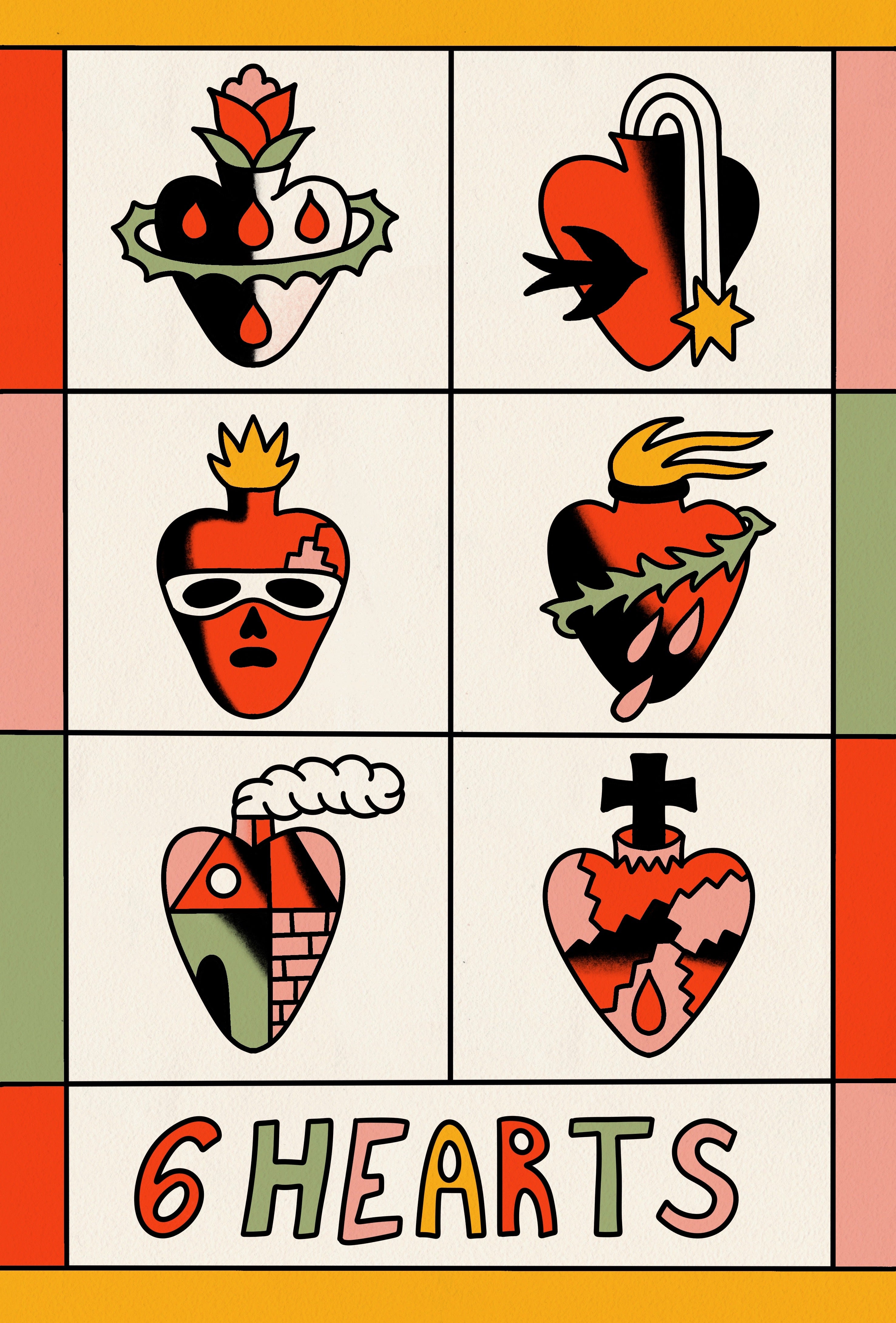 Ilustración digital en cuadrícula de seis corazones simbólicos con diseños variados, incluyendo llamas, espinas y máscaras, en tonos coral y verde.