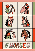 Ilustración digital tipo cartel con seis retratos de caballos en cuadrícula, cada uno con símbolos diferentes como estrellas, flores y máscaras.