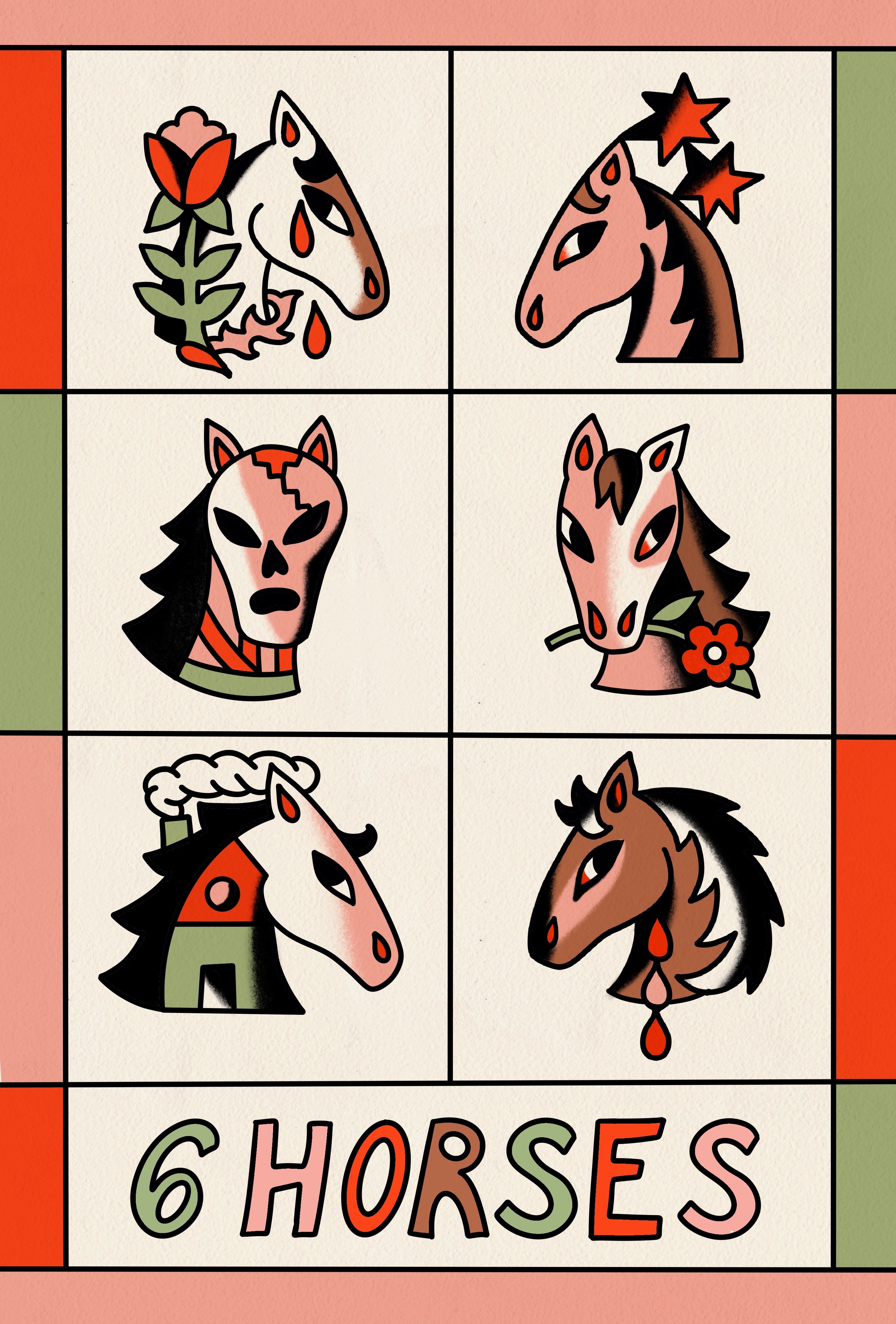 Ilustración digital tipo cartel con seis retratos de caballos en cuadrícula, cada uno con símbolos diferentes como estrellas, flores y máscaras.