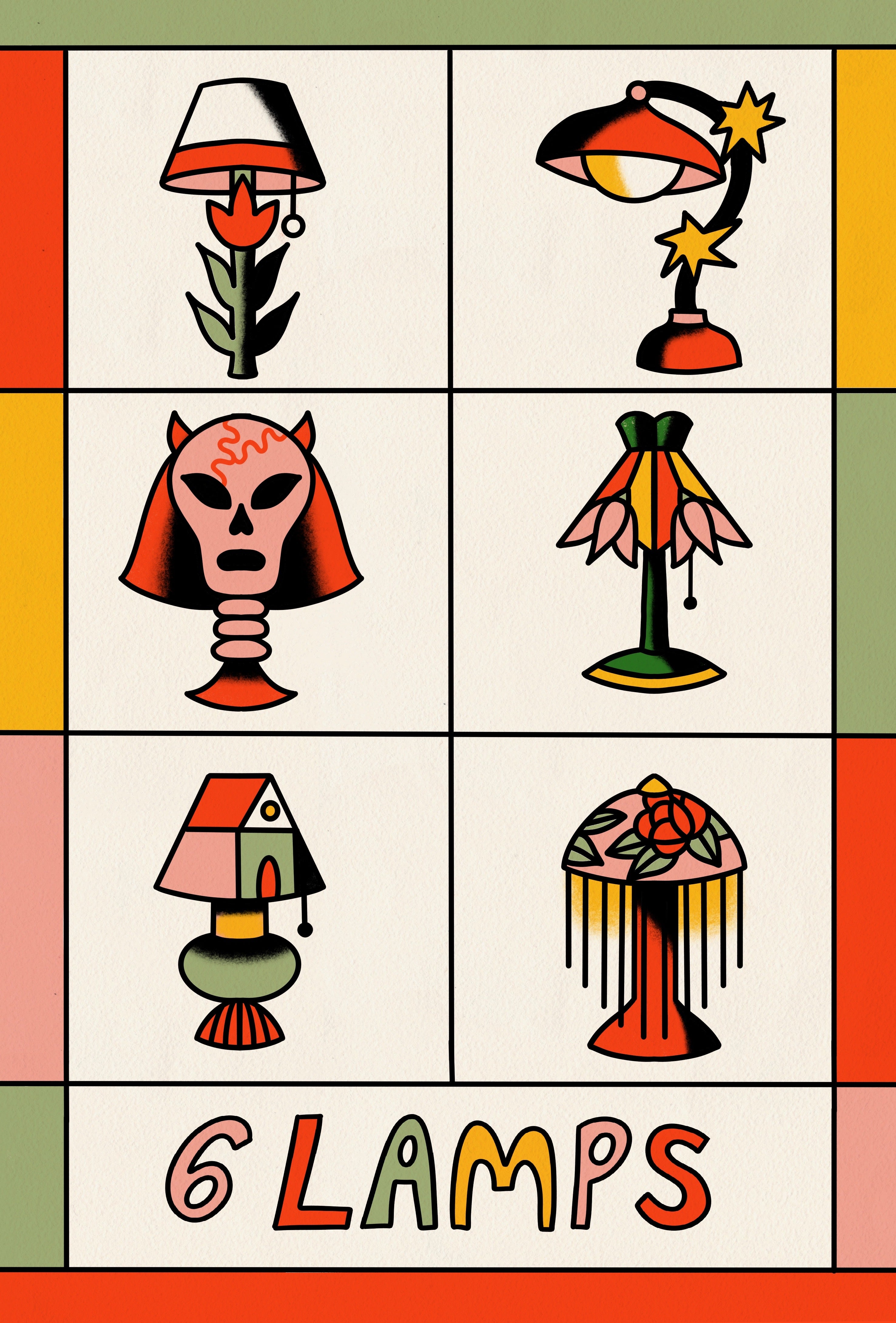 Ilustración digital en cuadrícula de seis lámparas con diseños artísticos variados, incluyendo flores, estrellas y máscaras, en tonos coral y verde.