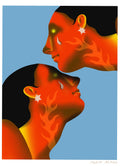 Ilustración digital de dos rostros enfrentados en colores naranja y rojo fuego con lágrimas, sobre un fondo azul claro.