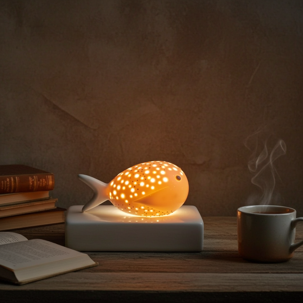 Lámpara de cerámica en forma de pez diseñada por Vicente Rivera, iluminada sobre un libro en una mesa de madera para crear ambiente.