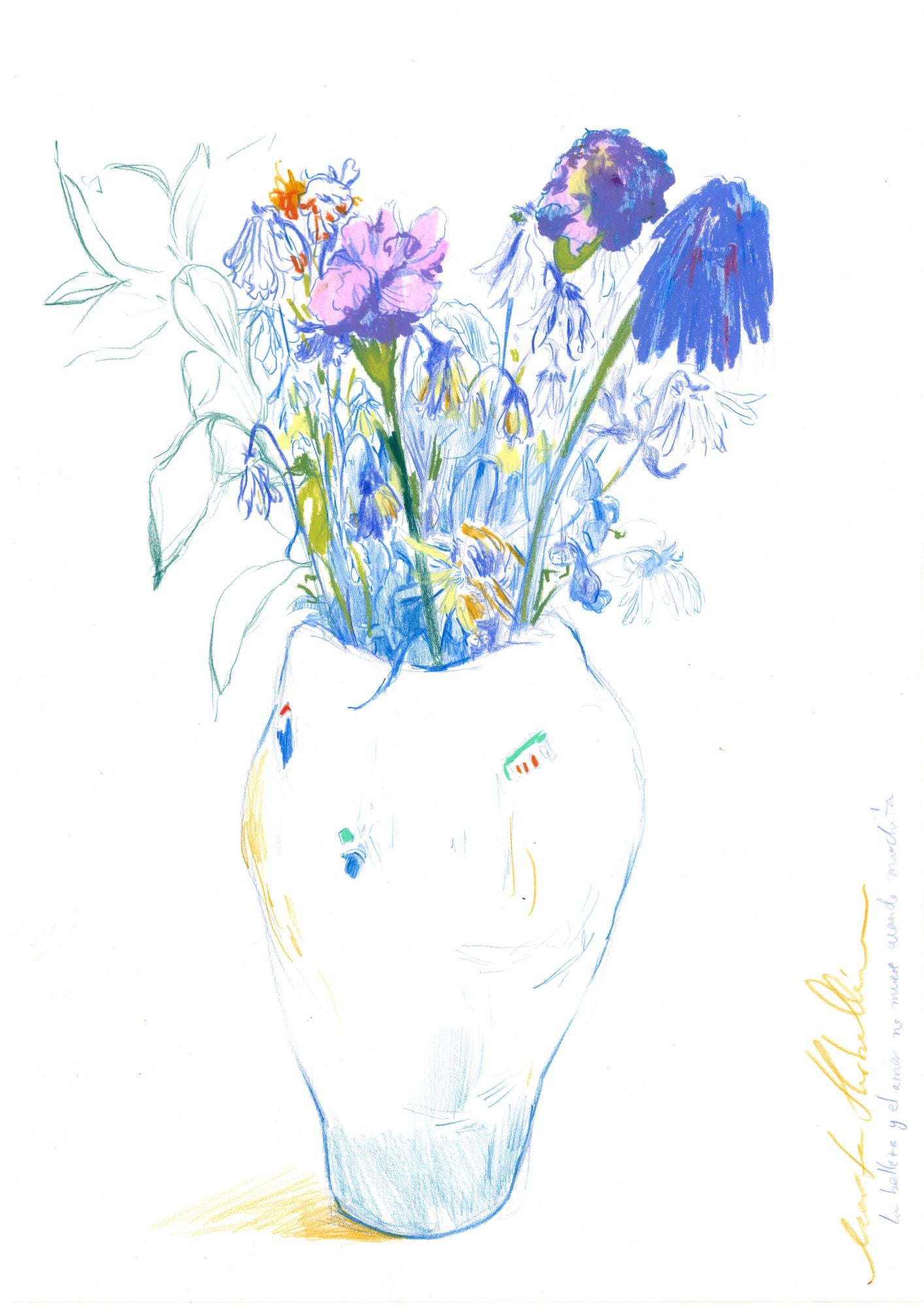 Obra original "Llevo y traen flores a casa n.1", ilustración de un ramo de flores vibrante en barras grasas sobre fondo neutro.