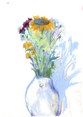 Obra original "Llevo y traen flores a casa n.2", ilustración de un ramo de flores vibrante en barras grasas con jarrón azul.