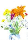 Obra original "Llevo y traen flores a casa n.3", ilustración de un ramo de flores vibrante en barras grasas sobre papel.