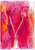 Obra original "Llevo y traen flores a casa n.4", ilustración de flores en colores rojos y verdes con técnica de barra grasa.