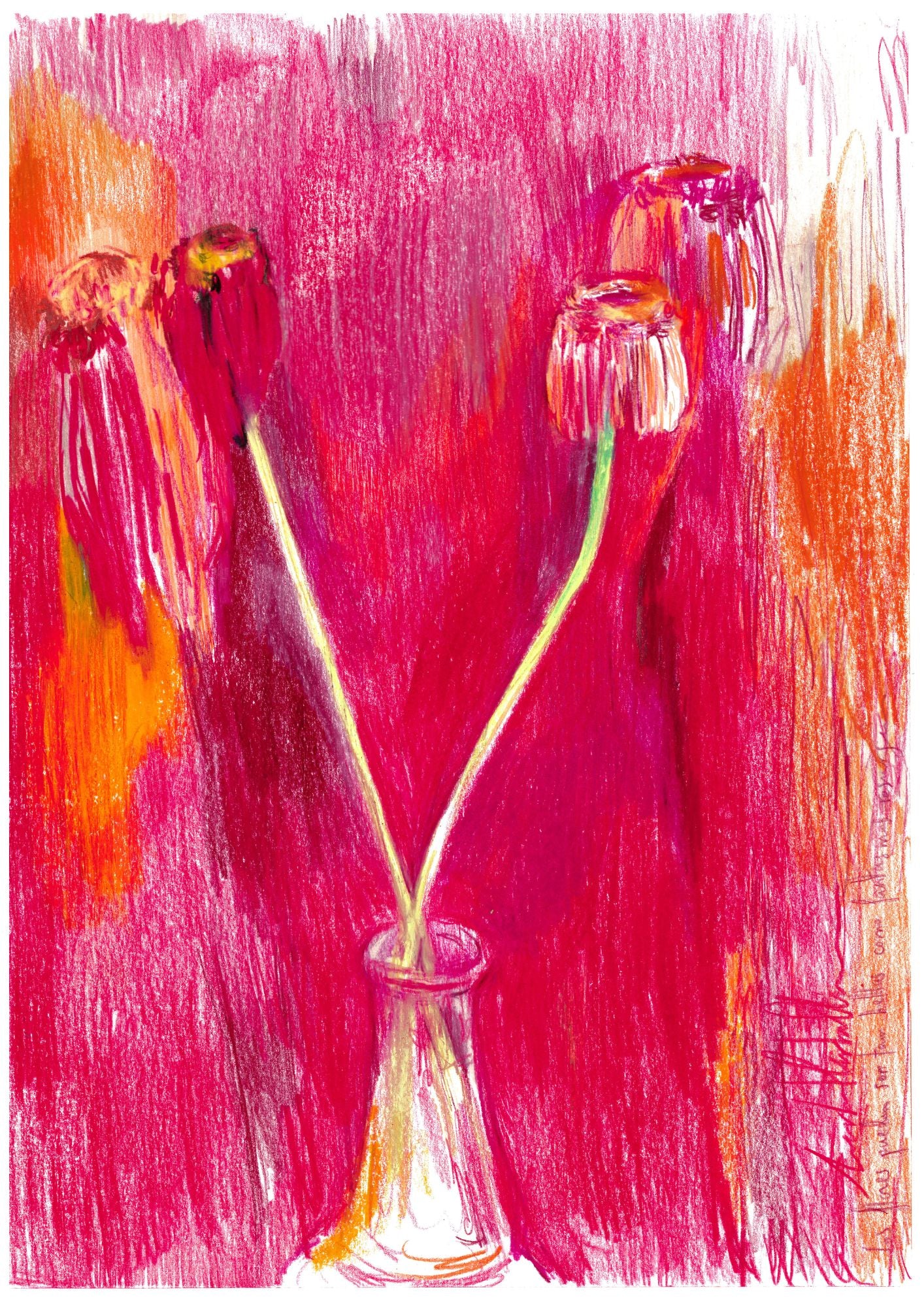 Obra original "Llevo y traen flores a casa n.4", ilustración de flores en colores rojos y verdes con técnica de barra grasa.