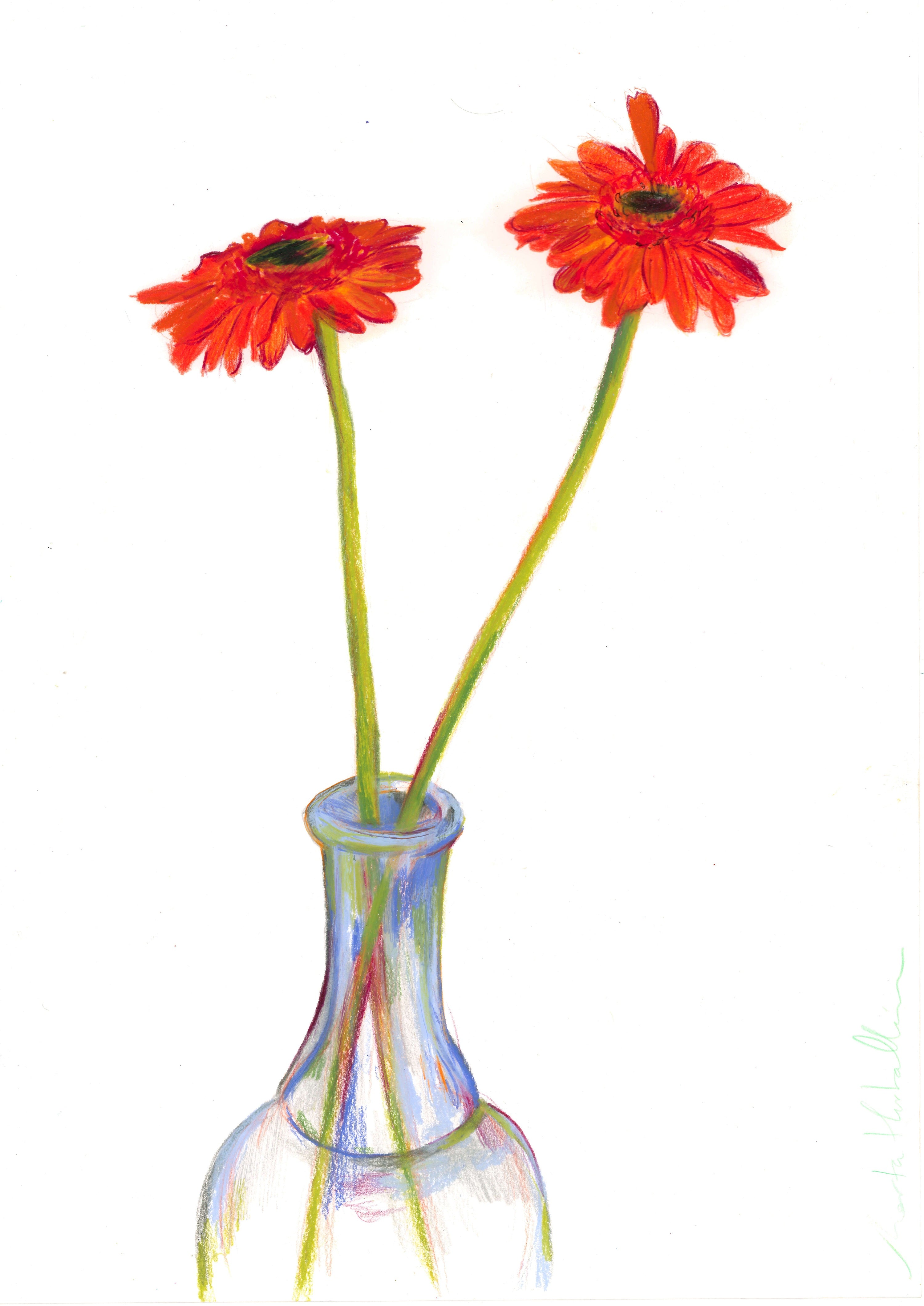 Obra original "Llevo y traen flores a casa n.5", ilustración de flores en jarrón azul con técnica de barra grasa.