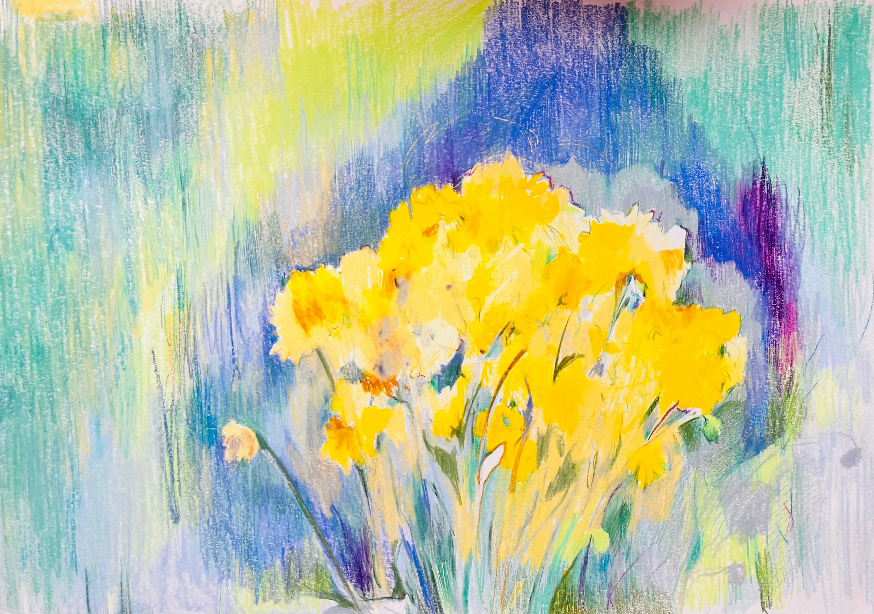 Obra original "Llevo y traen flores a casa n.6", ilustración de un ramo de flores en jarrón azul con técnica de barra grasa.