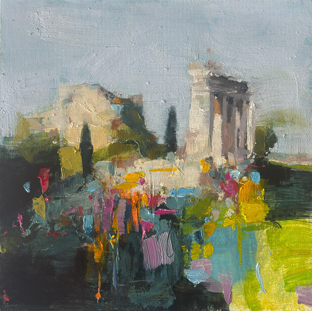 Pintura al óleo "El Silencio antes del Color" de Carlos Milanés, mostrando la silueta de un templo clásico sobre una base de pinceladas abstractas en colores amarillos y violetas.
