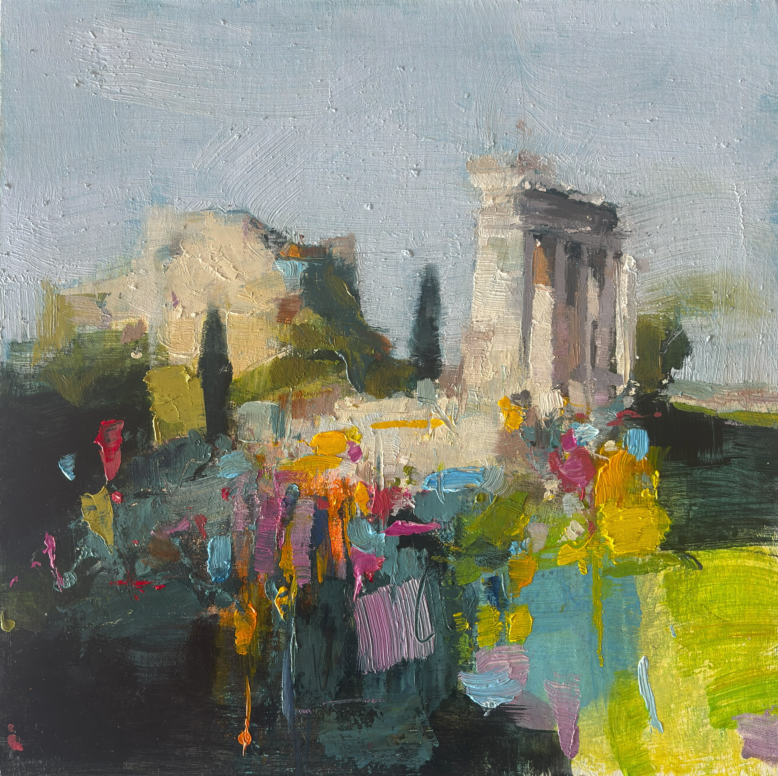 Pintura al óleo "El Silencio antes del Color" de Carlos Milanés, mostrando la silueta de un templo clásico sobre una base de pinceladas abstractas en colores amarillos y violetas.