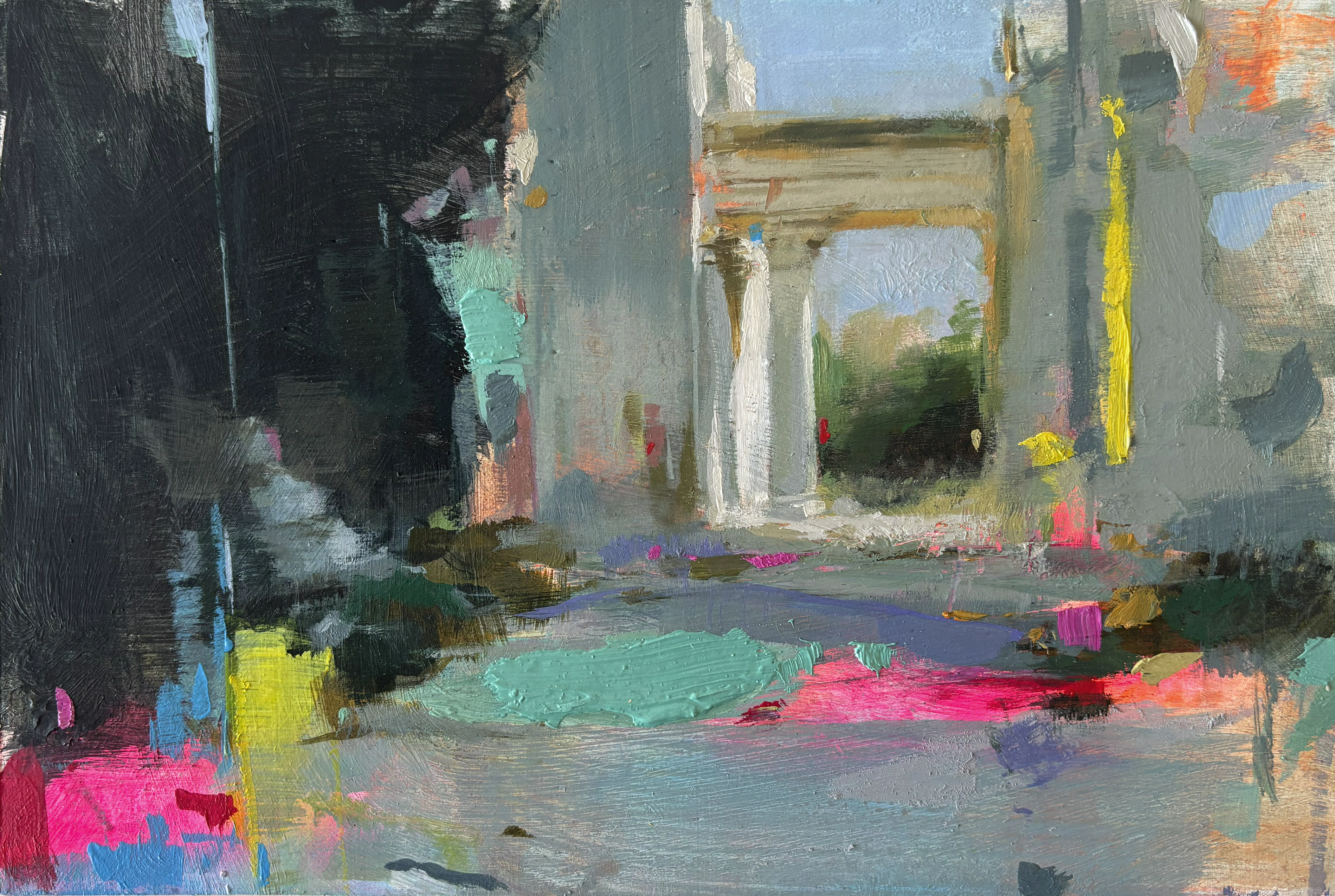 Pintura al óleo "Lo que Permanece" de Carlos Milanés, mostrando una estructura de columnas clásicas en gris con manchas vibrantes de color rosa y amarillo.