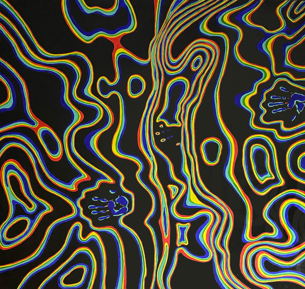 Pintura abstracta monumental de 170x170 cm titulada "Cartografía del Pulso" en tonos neutros y grises por Valeria Moguel.