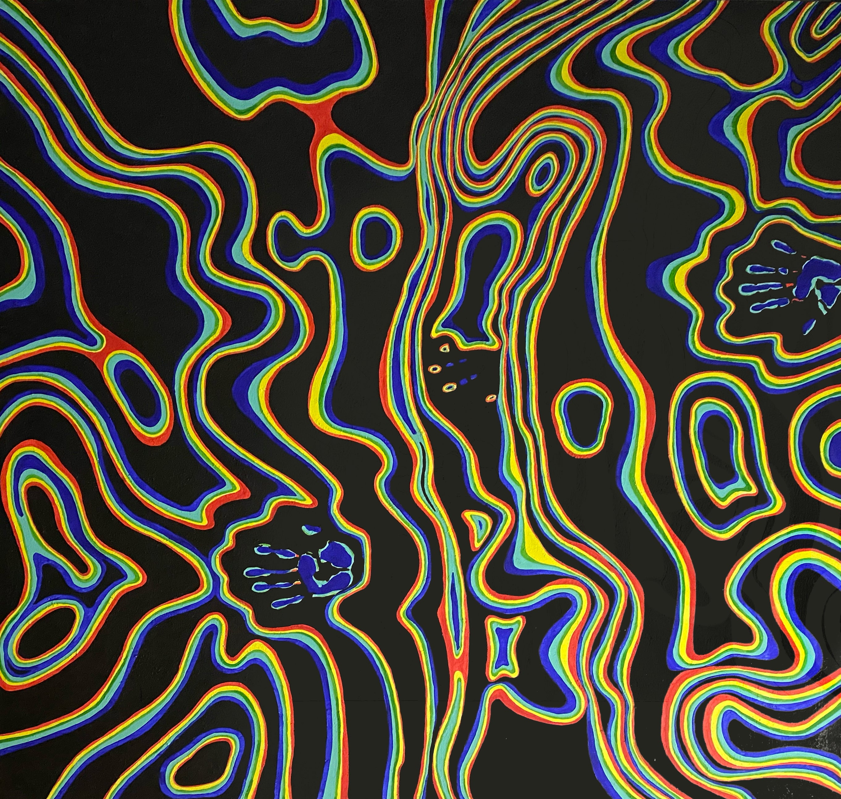 Pintura abstracta monumental de 170x170 cm titulada "Cartografía del Pulso" en tonos neutros y grises por Valeria Moguel.