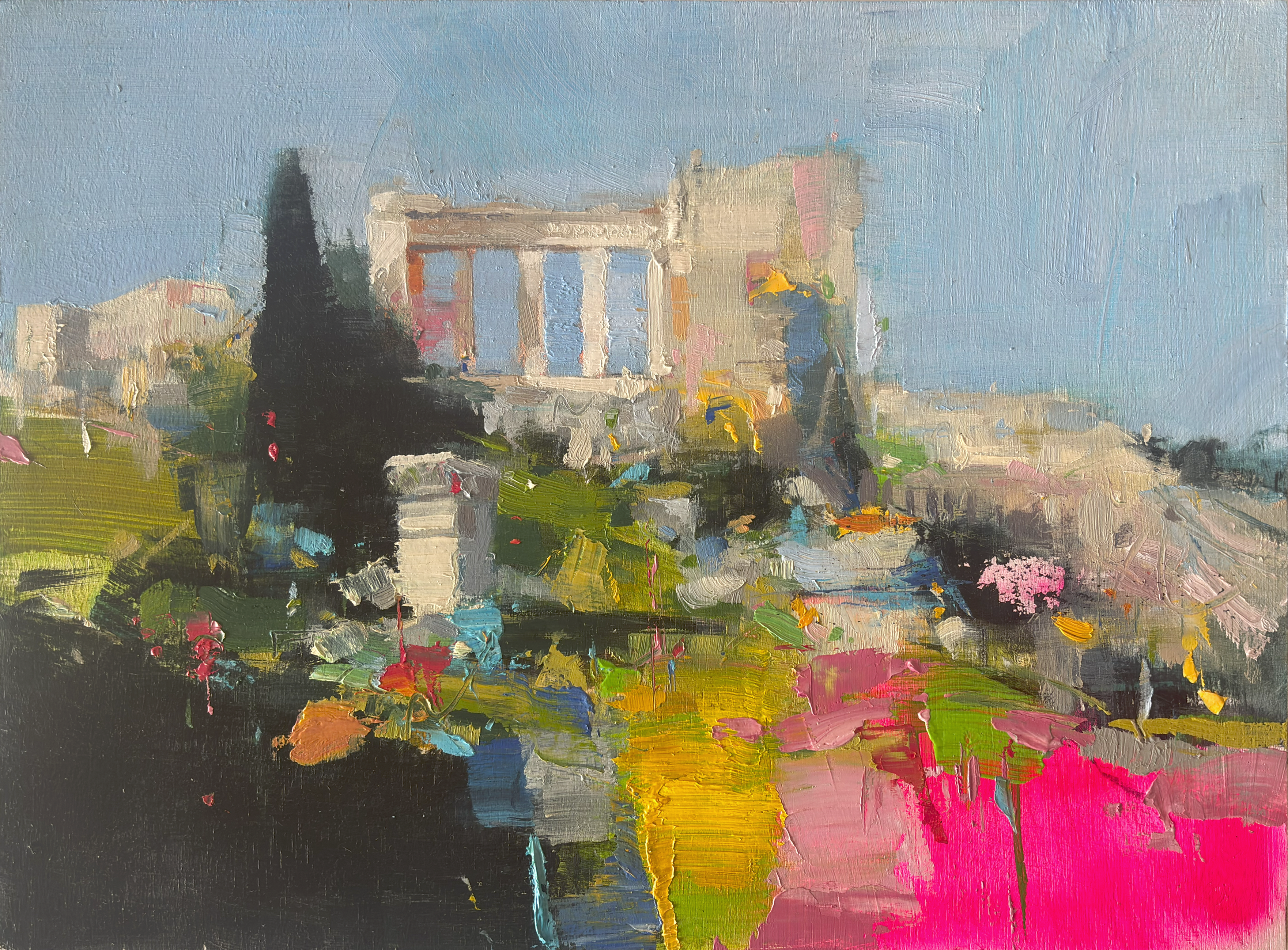 Pintura al óleo "No hay Mapa" de Carlos Milanés, mostrando una estructura de columnas clásicas rodeada de pinceladas abstractas en rosa flúor, amarillo y verde.