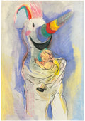 Dibujo original de Curro abrazando a un niño, realizado con barras grasas en colores vibrantes sobre papel blanco.