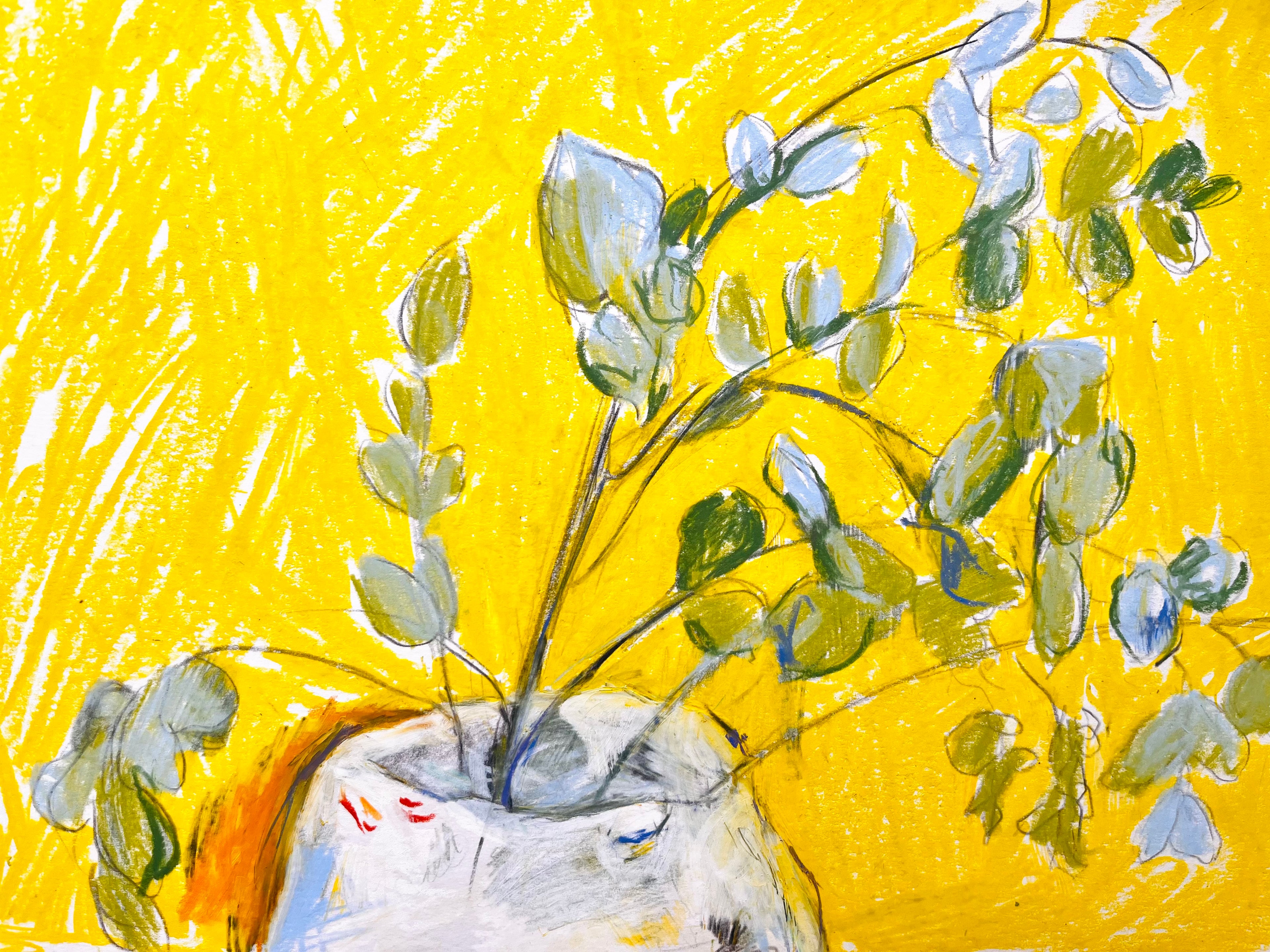 Obra original "Llevo y traen flores a casa n.8" de Marta Herballán, jarrón con flores silvestres en tonos amarillos, lilas y verdes.