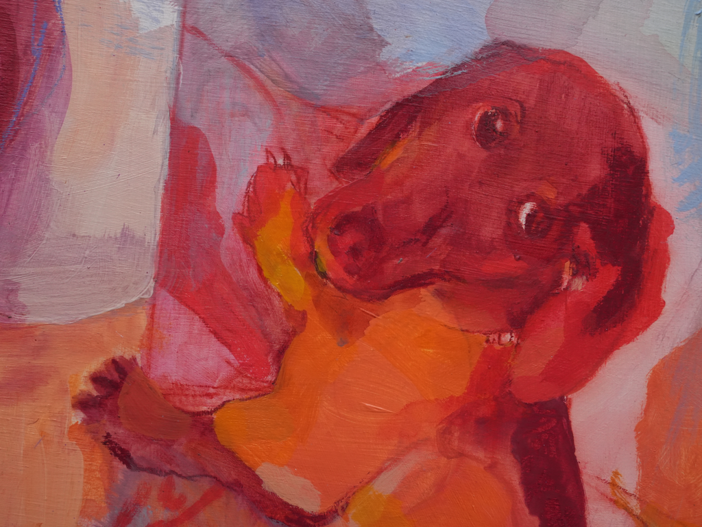 Primer plano de la expresividad y el trazo matérico en el retrato animal "María y Taco".