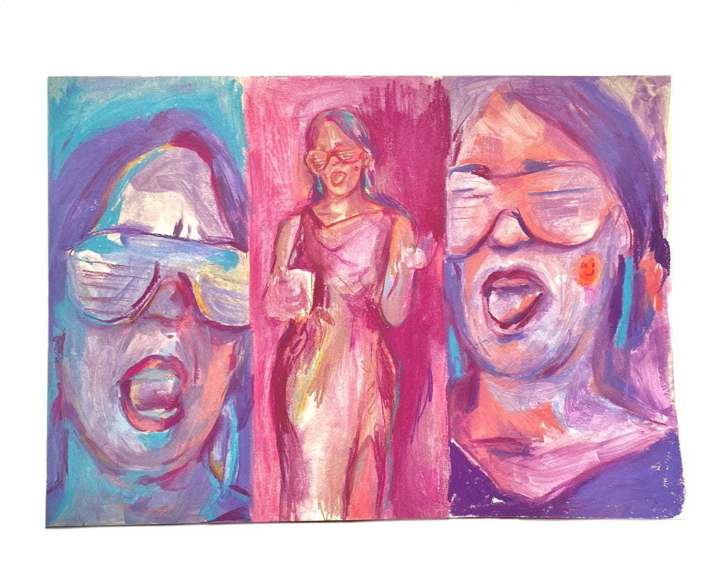 Obra original de Constanza Rosell mostrando a Currina bailando con trazos vibrantes de color arcoíris sobre fondo blanco.