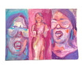 Obra original de Constanza Rosell mostrando a Currina bailando con trazos vibrantes de color arcoíris sobre fondo blanco.