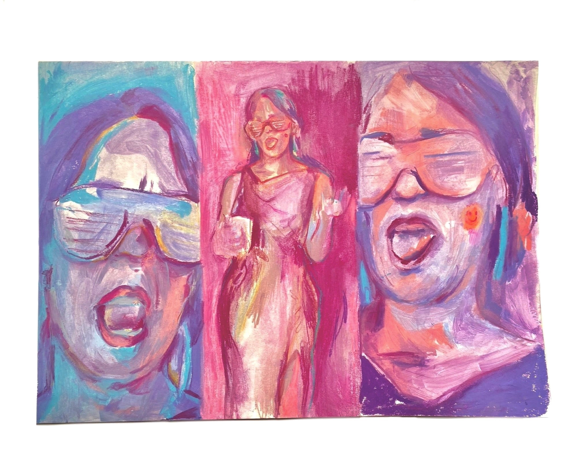 Obra original de Constanza Rosell mostrando a Currina bailando con trazos vibrantes de color arcoíris sobre fondo blanco.