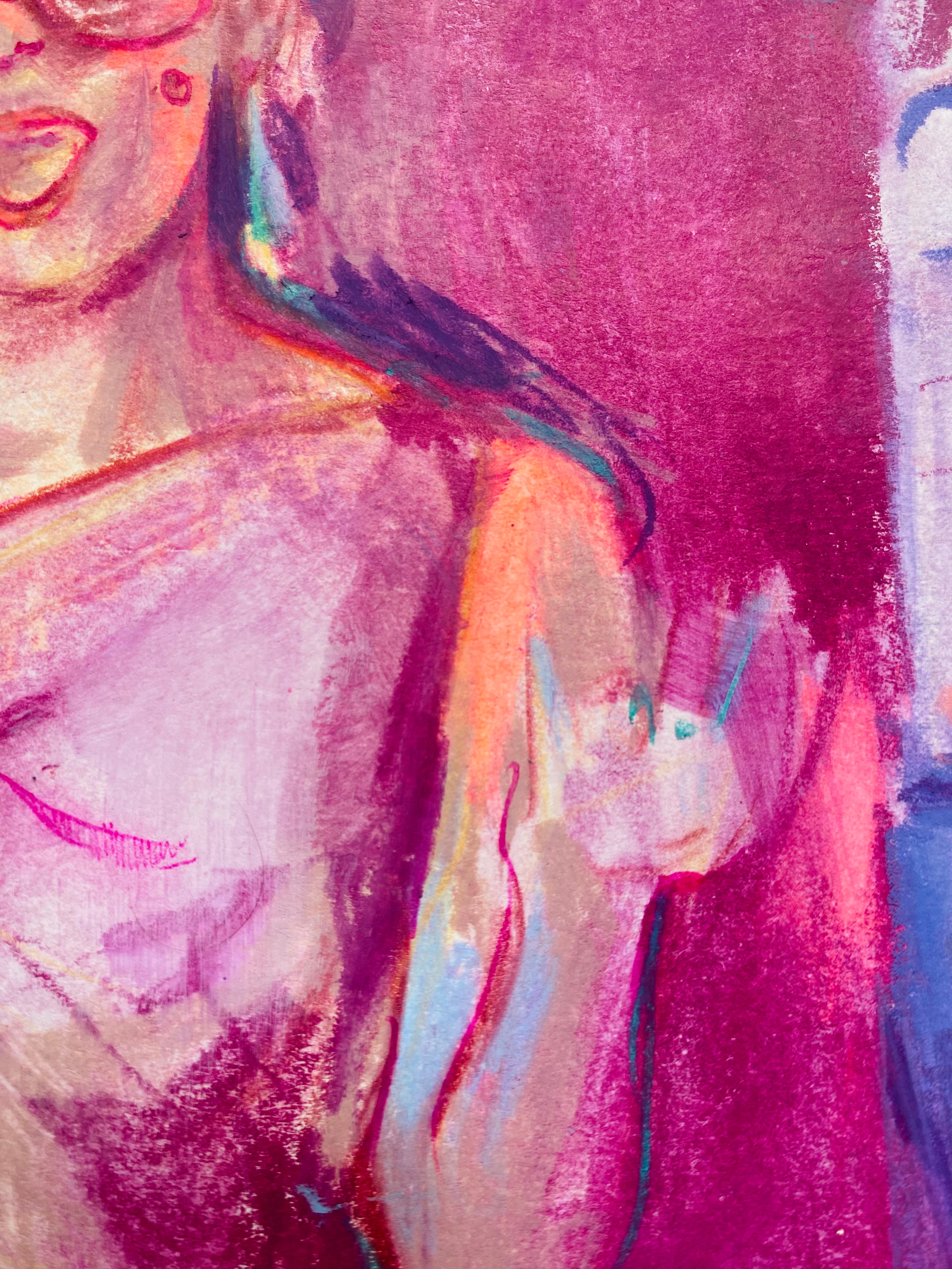 Primer plano de la técnica matérica y la expresividad de la figura en la obra original sobre papel.