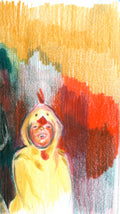 Dibujo original de un pequeño pollito en tonos amarillos y anaranjados, realizado con lápices de colores sobre papel blanco.