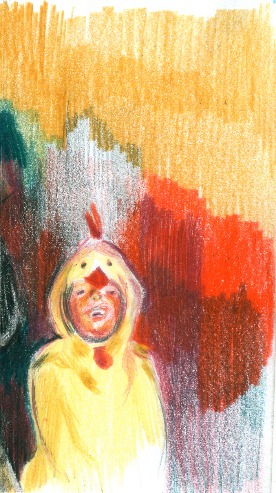 Dibujo original de un pequeño pollito en tonos amarillos y anaranjados, realizado con lápices de colores sobre papel blanco.