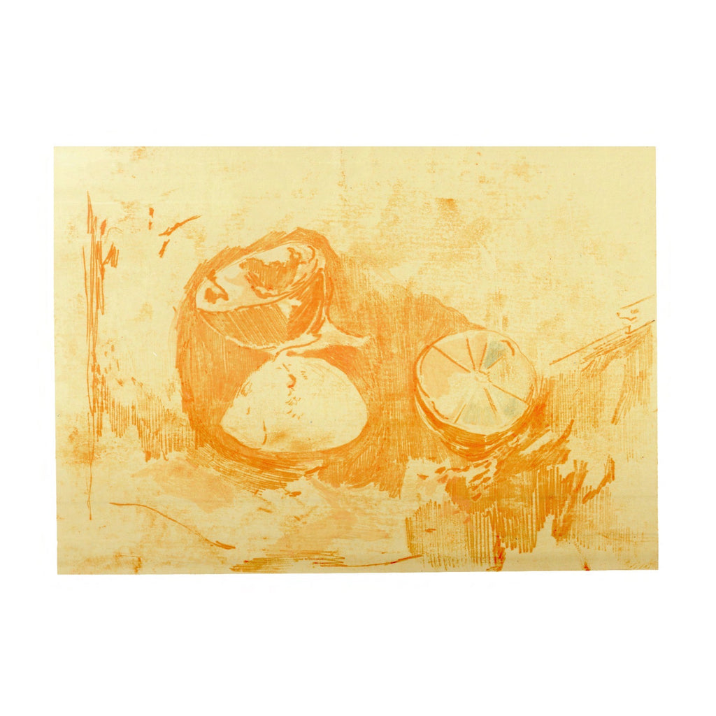 Obra original "Recetario de un saco de naranjas" de Marta Herballán, ilustración de naturaleza muerta con naranjas en técnica de monotipo y óleo.