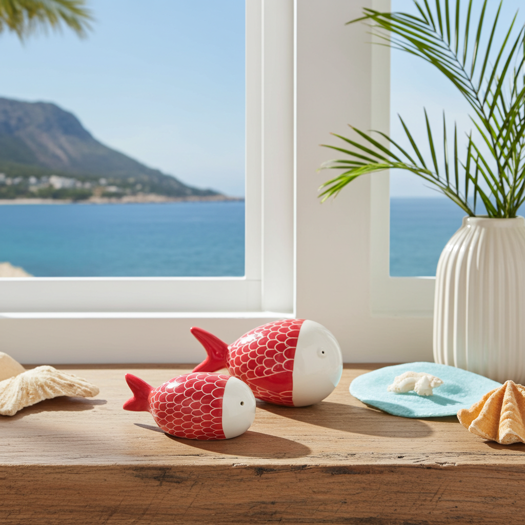 Esculturas de pez en color rojo y crema hechas a mano por Vicente Rivera (tamaño grande y pequeño), presentadas en un entorno mediterráneo luminoso con vistas a la costa y el mar azul.