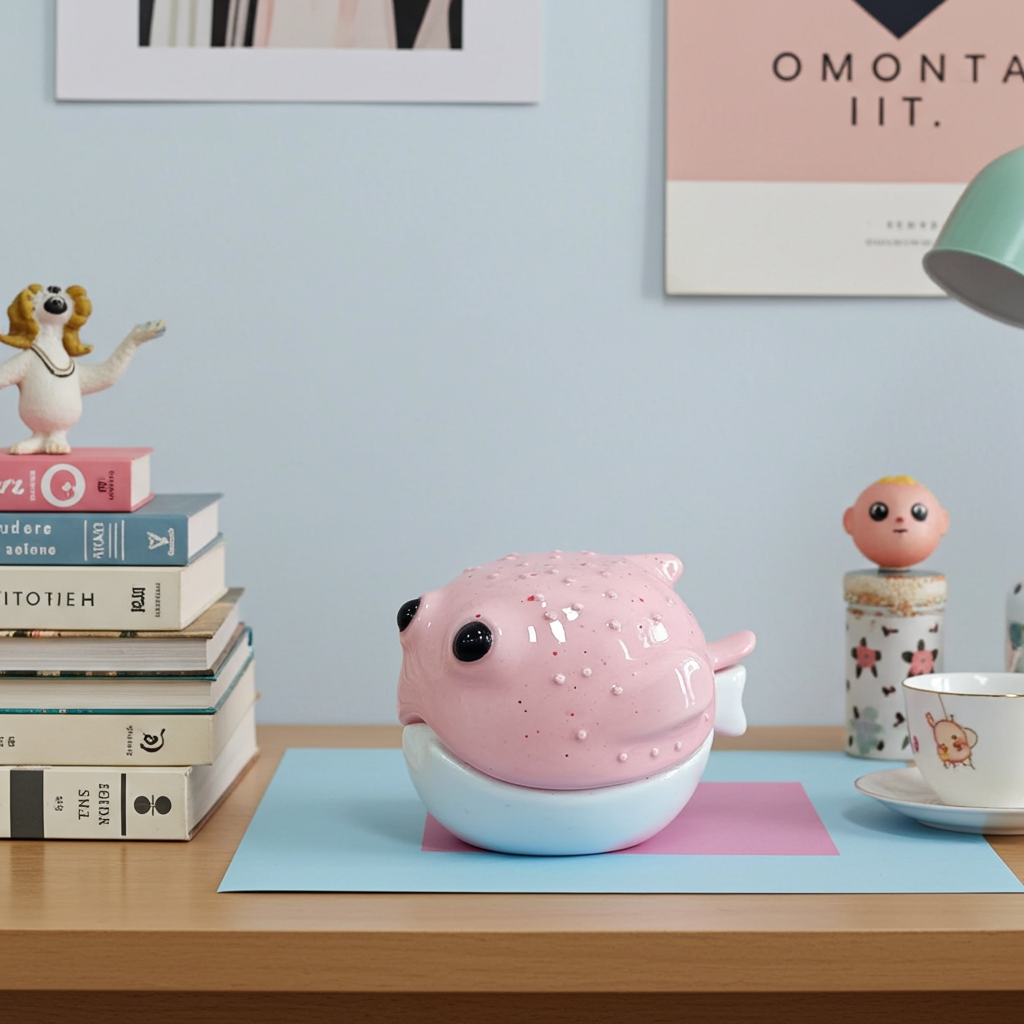 Figura de pez globo en gres rosa moteado por el artista Vicente Rivera, integrada en una decoración de escritorio alegre y creativa con libros de colores y figuras de diseño.