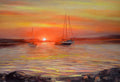 Pintura acrílica horizontal representando un atardecer en la costa de Formentera con aguas turquesas y cielo despejado.