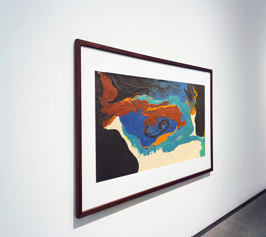 Pintura abstracta "Ojo de la Marea" en tonos azul profundo y blanco, técnica acrílico sobre papel.