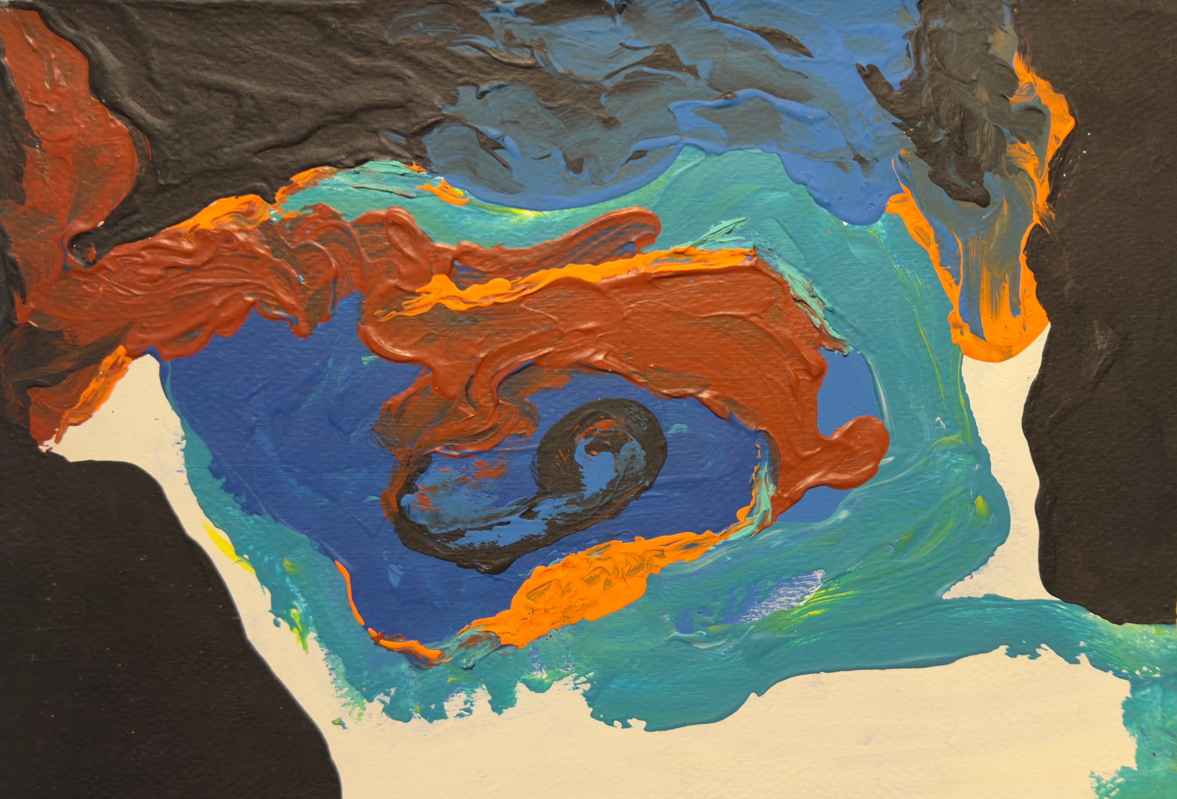 Plano cercano de las pinceladas fluidas y las texturas del acrílico en la obra de Valeria Moguel.