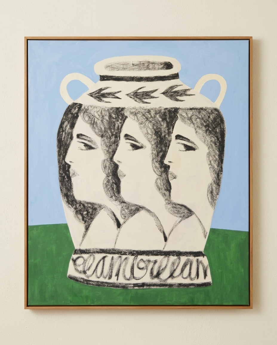 Pintura original El amor el amor el amor de Marta Araujo enmarcada, con jarrón clásico y tres rostros de mujer sobre fondo azul y verde.