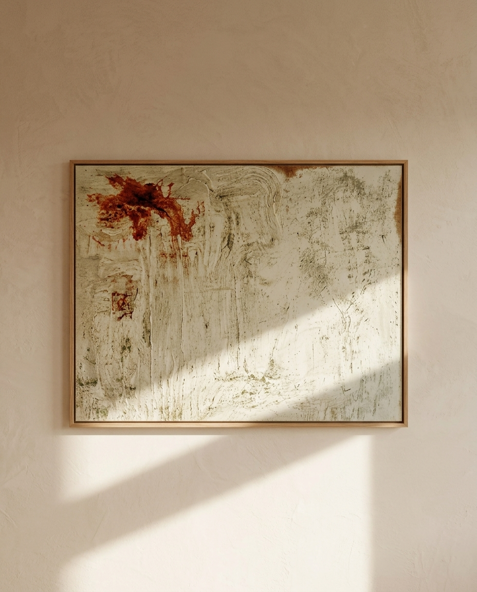 Pintura abstracta texturizada Raíz de Irene Crespo enmarcada en madera clara, con una mancha orgánica en tonos óxido y terracota.