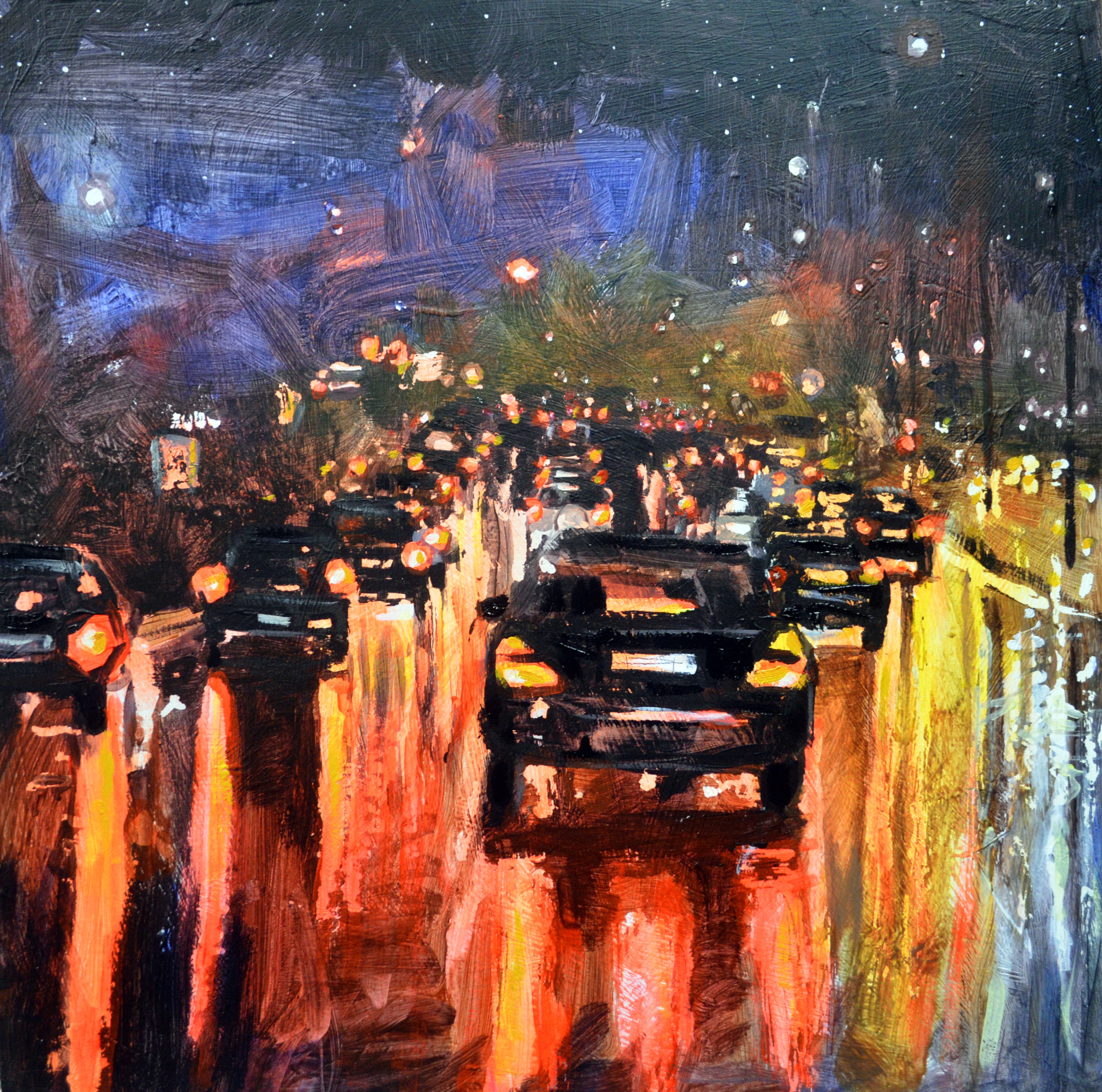 Cuadro cuadrado al óleo y acrílico de una calle urbana con coches y reflejos de luces en el asfalto mojado.
