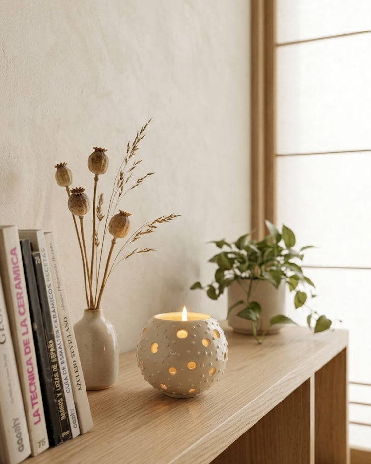 Portavelas de cerámica artesanal con textura de puntos y perforaciones circulares iluminado en un estante de madera junto a plantas y libros de arte.