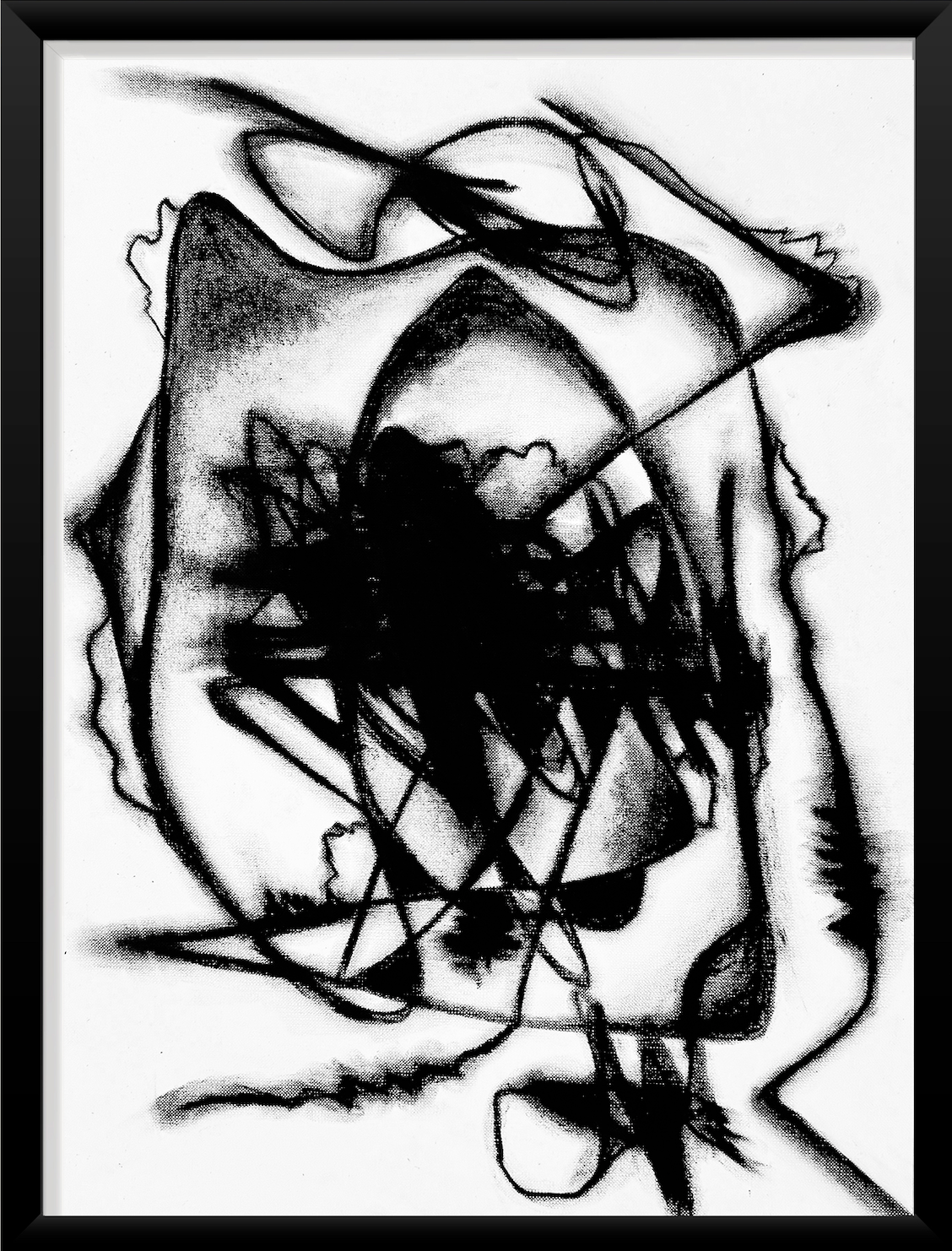 Obra "Enfado" resaltando la energía de los trazos rojos y negros en técnica mixta.