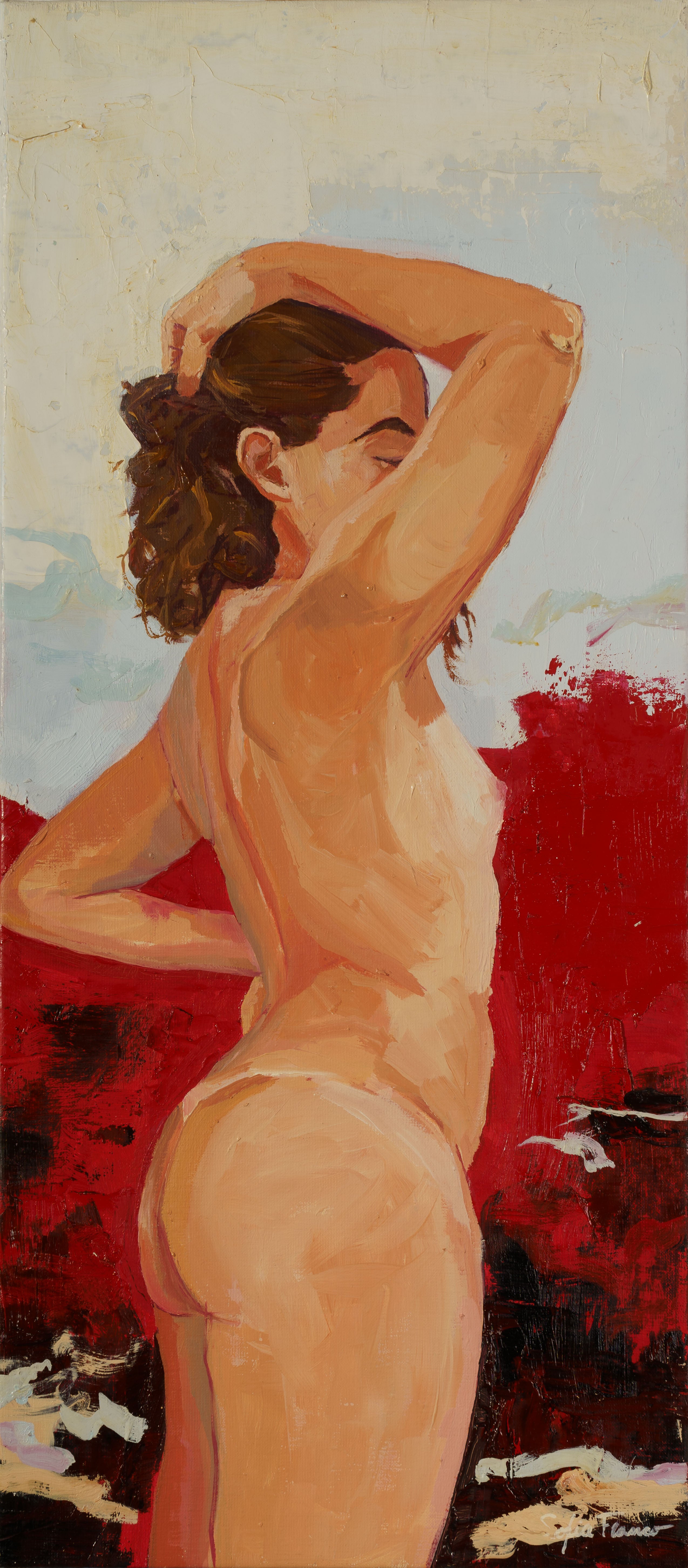 Pintura al óleo de una figura humana recostada de espaldas sobre una cama con sábanas blancas, en una postura de estiramiento natural al despertar.